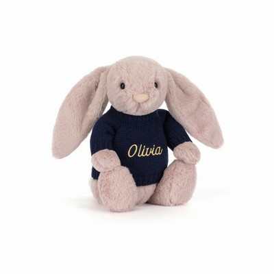 Jellycat Bashful Luxe Conejo Rosa with Navy Jumper | WJUG-74156